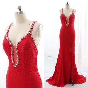 Strap Deep V Diamond Decorated Slit Backless Mermaid Dress